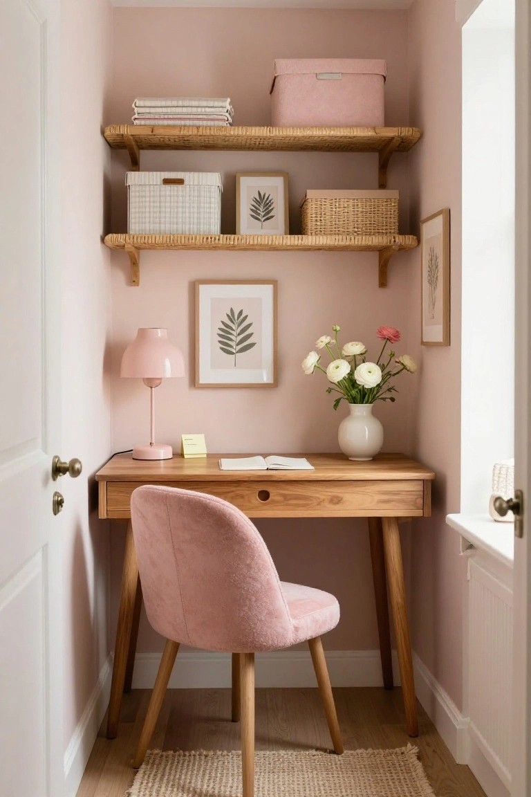 Small indoor alcove office with blush pink walls, wooden desk with drawer, pink velvet chair, pink lamp, rattan shelves with boxes and baskets, framed leaf art, white vase of flowers, and open door.