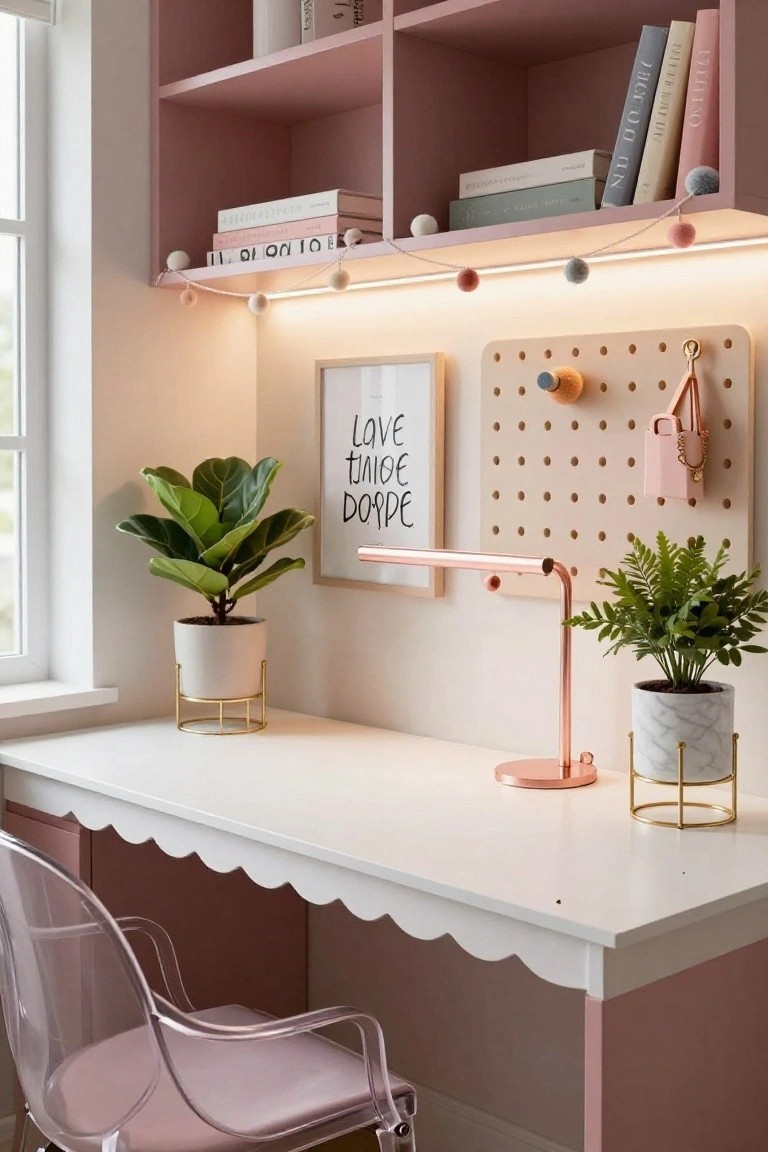 A home office in a pink room with built-in shelves, white desk featuring scalloped edges, gold plant stands holding ferns and a fiddle leaf fig, corkboard with sign, and transparent chair.