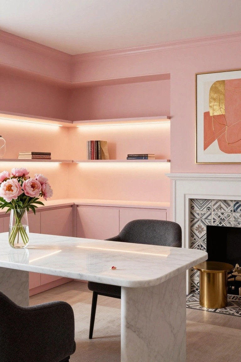 A home office with blush pink walls, built-in shelves lit by LED strips, white marble desk holding pink peonies, two gray chairs, and a fireplace with blue-and-white tile surround.