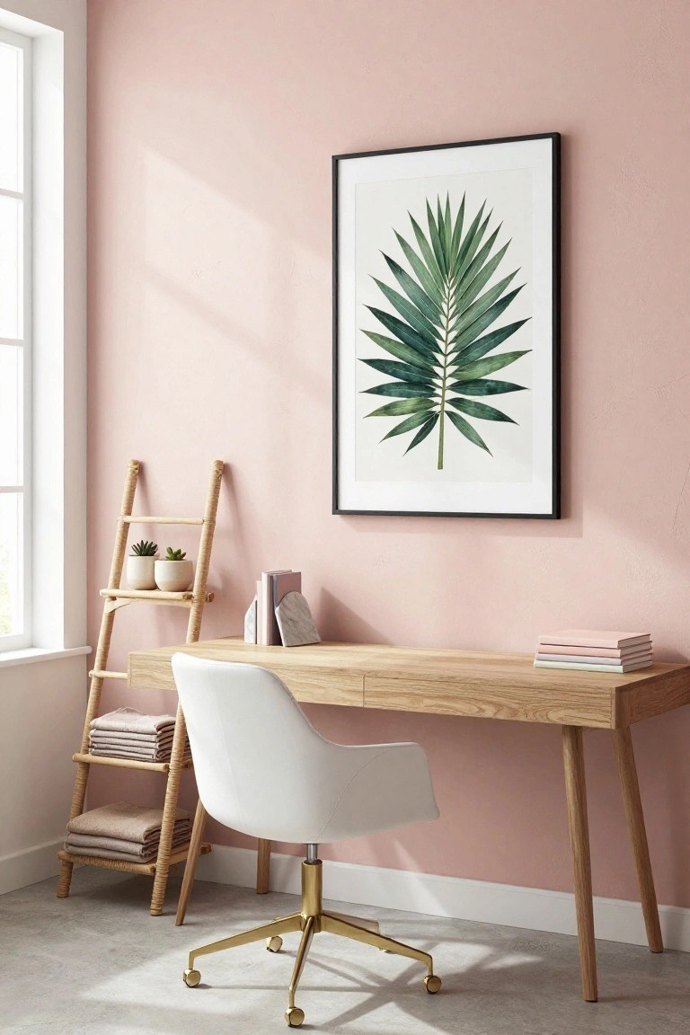 Home office with blush pink walls, large black-framed green palm leaf artwork, light wood desk topped with stacked notebooks, white upholstered chair with gold swivel base, and rattan ladder shelf holding potted succulents and folded towels.