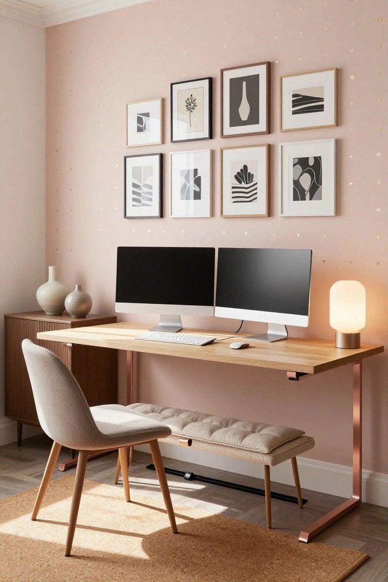 A home office with blush pink walls dotted in gold flecks, a light wood desk on copper legs with dual monitors, a gallery wall of abstract black and white framed prints, ceramic vases, and beige chair and bench.