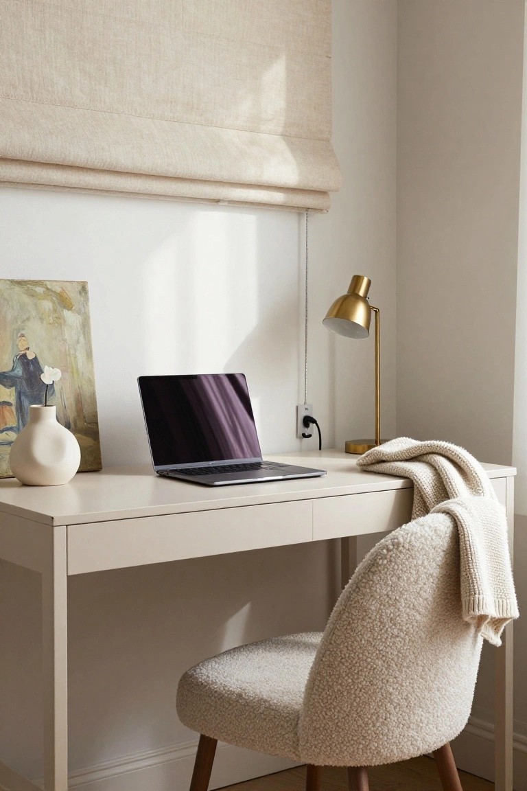 A minimalist home office corner with a white desk holding a closed MacBook laptop, a white vase next to an abstract painting, a gold desk lamp plugged into a wall outlet, and a fluffy cream-colored chair with a light knit blanket draped over it, beige roman shade on the window.