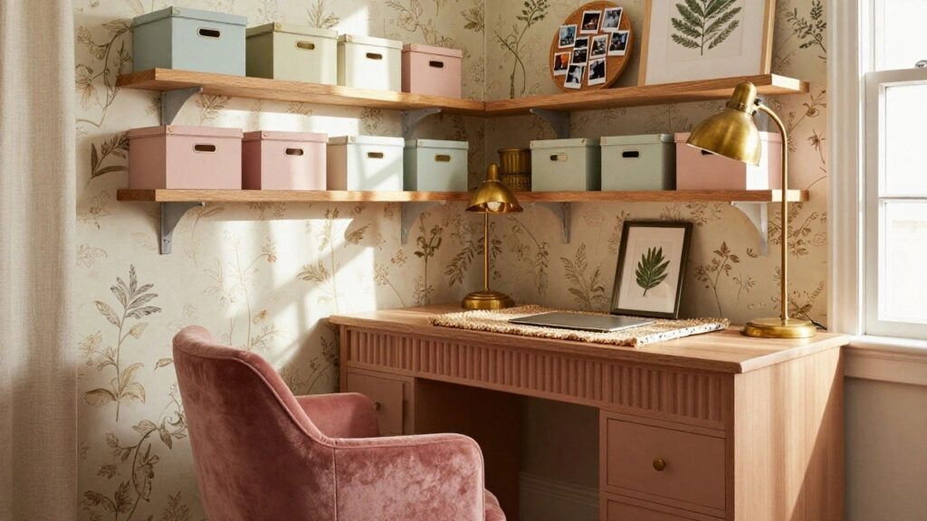 23 Girly Office Ideas That Feel Fun and Playful A home office with blush pink wood desk, pink velvet swivel chair, wooden floating shelves holding pastel storage boxes, two desk lamps, corkboard with photos, floral wallpaper, and sheer curtains on a window.