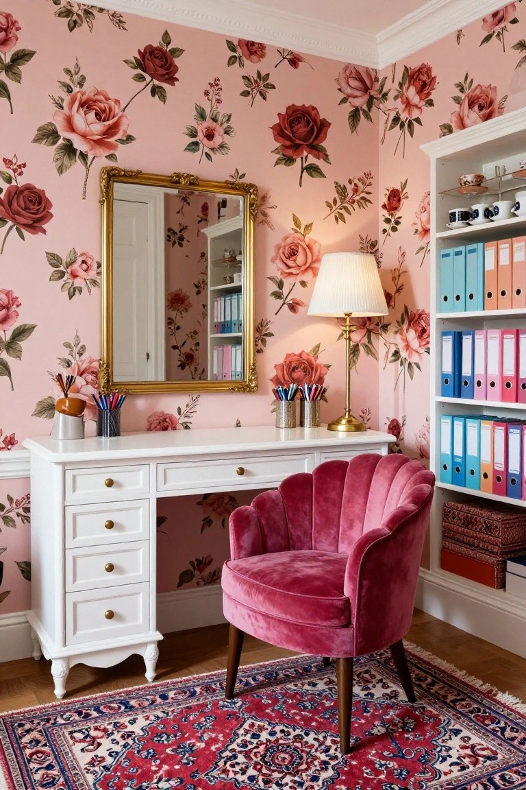 Pink room with rose floral wallpaper, white desk with multiple drawers, pink velvet shell-back chair, gold-framed mirror, brass desk lamp, and shelves holding colorful binders and cups.