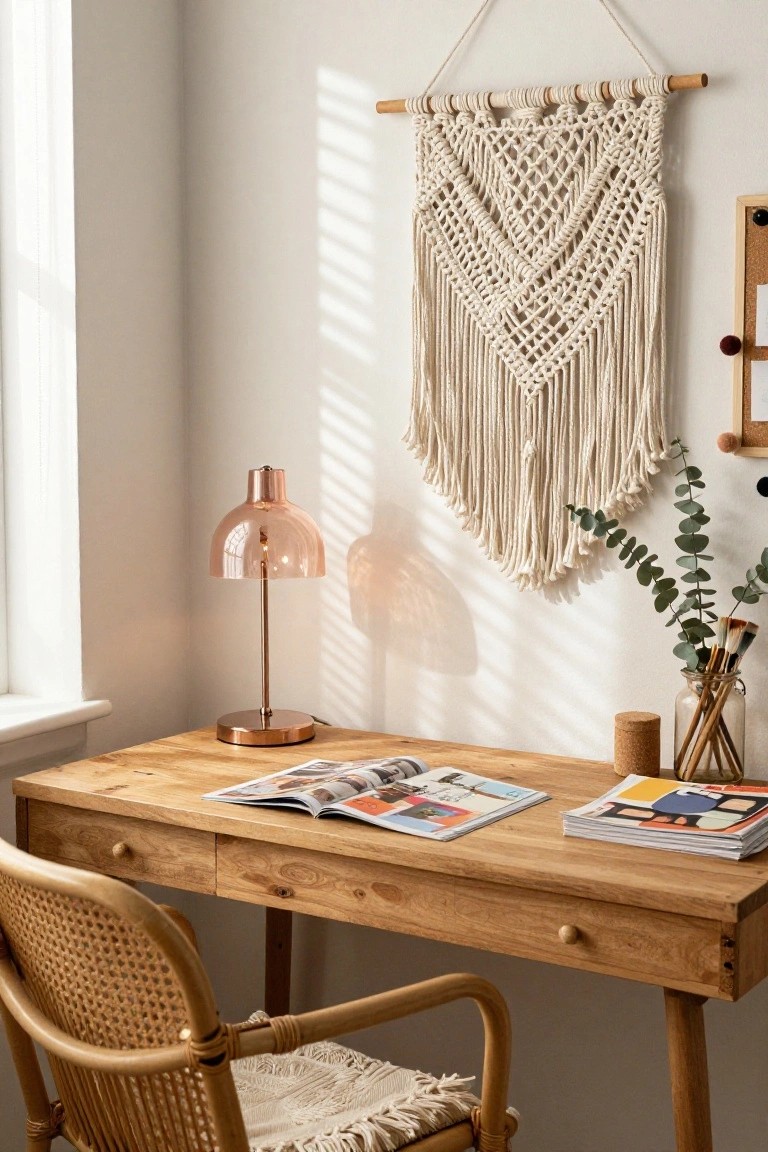Cozy home office corner with light wooden desk holding open magazines and stacked books, rattan armchair with white macrame cushion, copper desk lamp, large cream macrame wall hanging, cork board, eucalyptus stems in glass jar, and window on white wall.