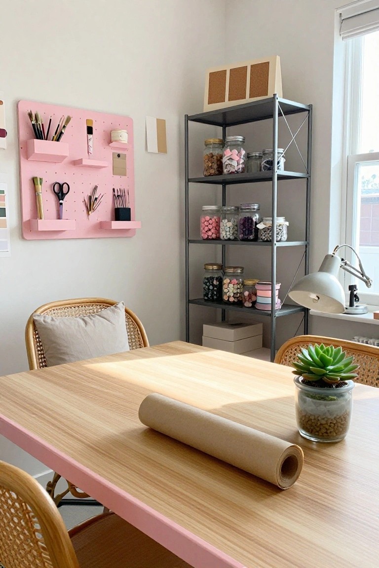 Home office corner with pink pegboard wall holding brushes, scissors, and tools, gray metal shelves stocked with jars of pink candies, buttons, and crafts, wooden table with pink edges, rattan chairs, small potted succulent, and window light.