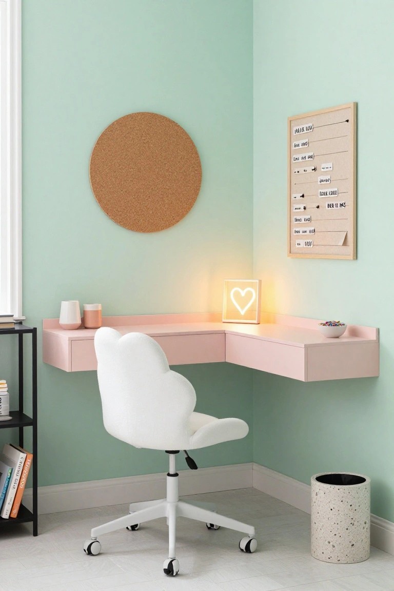 Mint green corner room with floating L-shaped pink desk, white cloud-shaped swivel chair on wheels, neon heart lamp, cork bulletin board, wooden task board, bookshelf, mug, candy bowl, and trash can.