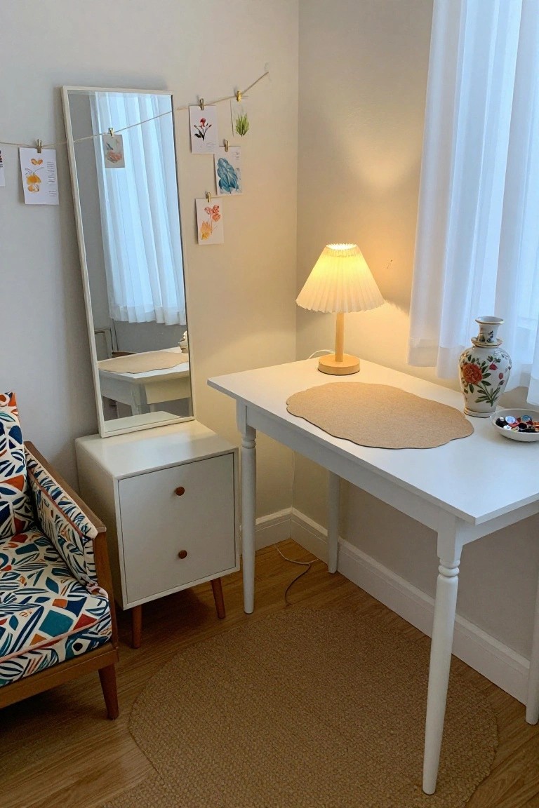 Corner room setup with white freestanding mirror on a low cabinet next to a white desk topped with beige placemat, wooden lamp, colorful prints clipped to string on wall, blue and white vase, small bowl of beads, and patterned orange chair on wood floor with beige rug.
