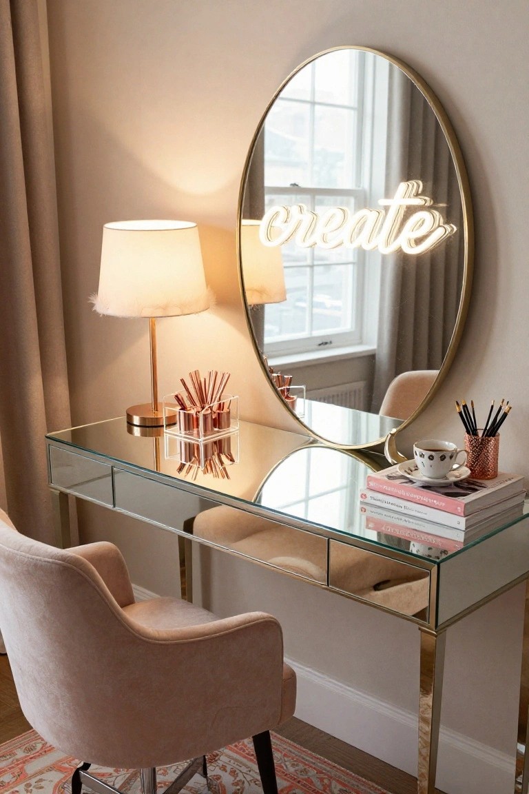 Glass and gold vanity desk with oval mirror and neon "CREATE" sign, pink upholstered chair, white lamp with feather shade, books, and teacup in a beige room with rug.