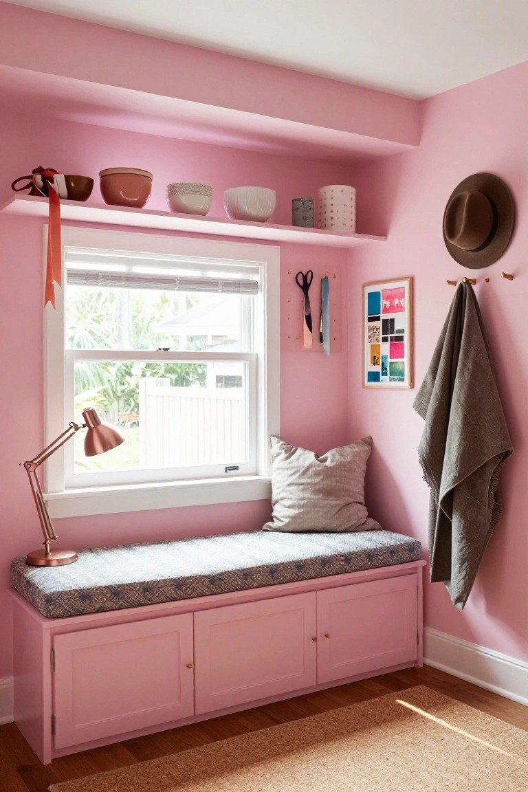 Pink-painted room with built-in pink window seat bench topped by gray cushions and copper lamp, shelves above holding pottery bowls and candle, art print and hanging towel on wall beside window with palm view.