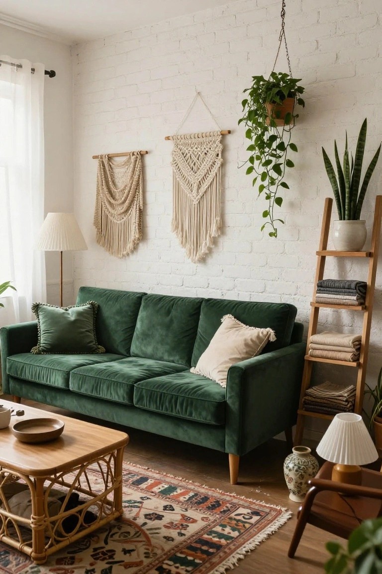 Green velvet three-seater sofa in a living room against white brick wall with two macrame wall hangings, hanging potted plant, wooden ladder shelf holding snake plant and folded linens, rattan coffee table with bowl, patterned rug, and wood side chair.