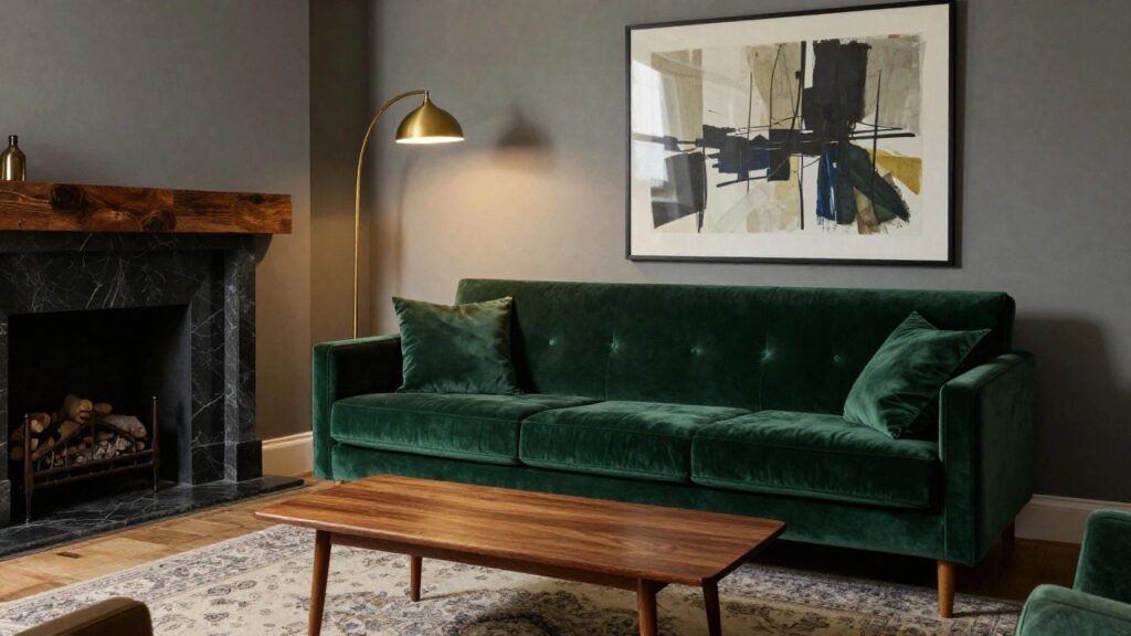 Dark gray living room with tufted green velvet sofa, wooden bookshelves filled with books, black marble fireplace with wood mantel, brass arched floor lamp, abstract wall art, wooden coffee table, and patterned rug.