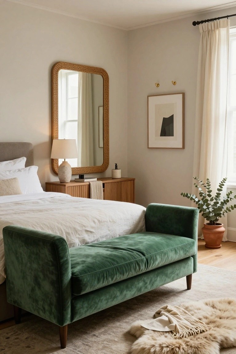 Bedroom with white bed, green velvet bench at foot, rattan mirror on wall, wooden credenza with lamp and plant, beige walls, and sheer window curtains.