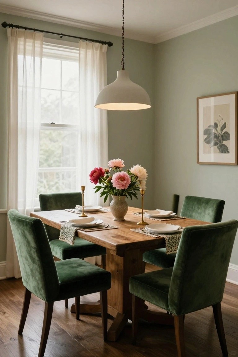 Dining room featuring a rectangular wooden table with green velvet upholstered chairs, a central vase of pink peonies, gold candlesticks, white plates, and a large window with sheer curtains in a light green painted room.