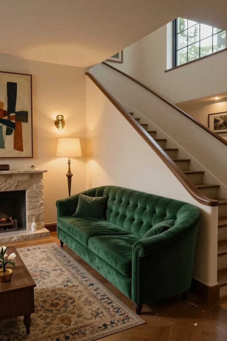 Tufted green velvet sofa in a living room next to a stone fireplace and wooden staircase, with neutral walls, a lamp, artwork, and patterned rug.