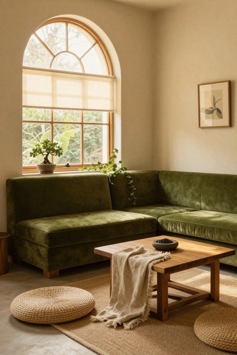 Green velvet L-shaped sofa in a beige room corner beside a large arched window with sheer blinds, bonsai tree on windowsill, trailing ivy over sofa arm, wooden coffee table holding bowl and linen throw, two round woven poufs on seagrass rug.