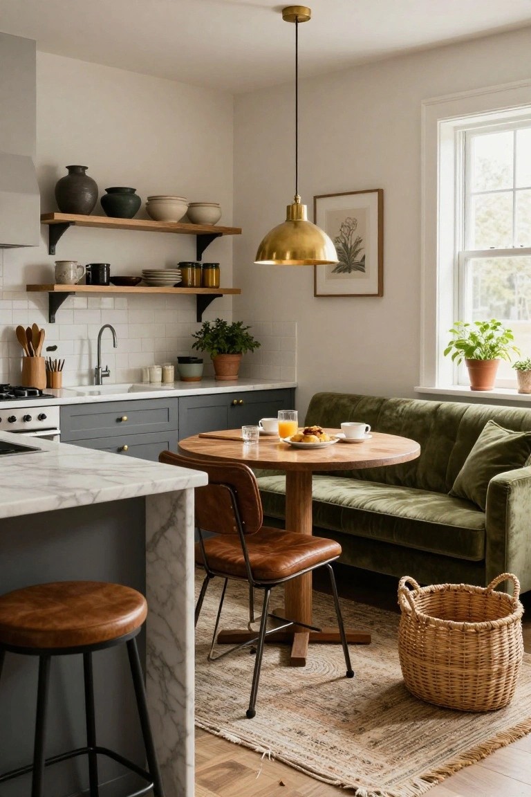 Kitchen with dark gray cabinets, white subway tile backsplash, marble counters, open wood shelves holding ceramics and plants, round wood table with leather chairs and green velvet sofa nearby.