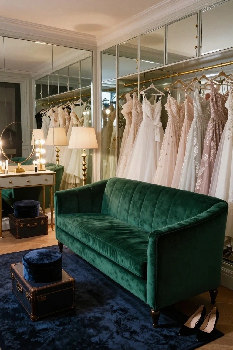 Green velvet tufted sofa in a mirrored dressing room with racks of white and pastel wedding dresses, brass vanity table with bulb lights, table lamps, and blue velvet stools on navy rug.