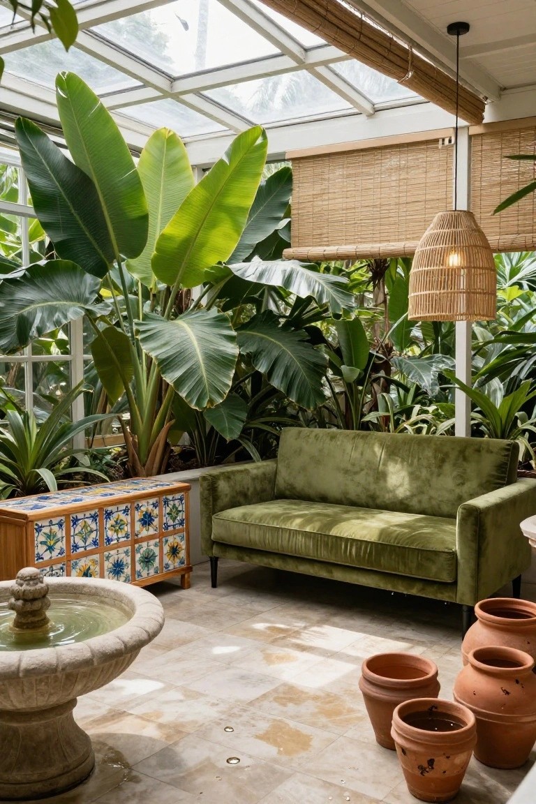 Green velvet two-seater sofa in a glass-enclosed space surrounded by large tropical plants, a stone fountain, wooden cabinet with tile accents, and terracotta pots on a tiled floor.