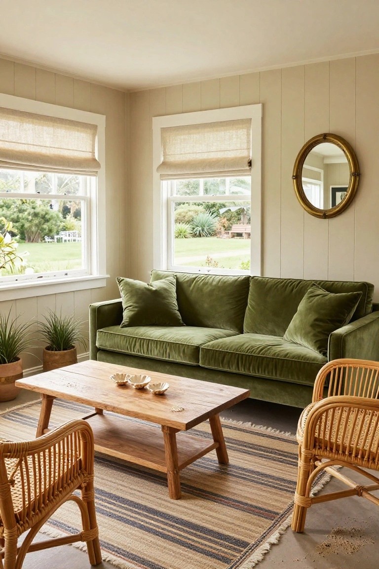 A green velvet sofa in a light beige paneled sunroom with large windows showing garden views, flanked by rattan chairs, a wooden coffee table with shell bowls, potted plants, and a striped rug on the floor.