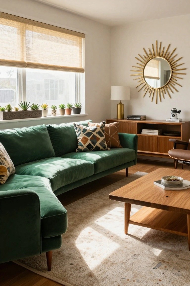 Bright living room featuring an L-shaped green velvet sofa, wooden credenza with books and decor, potted plants on windowsill, gold sunburst mirror, and low wood coffee table on light rug.