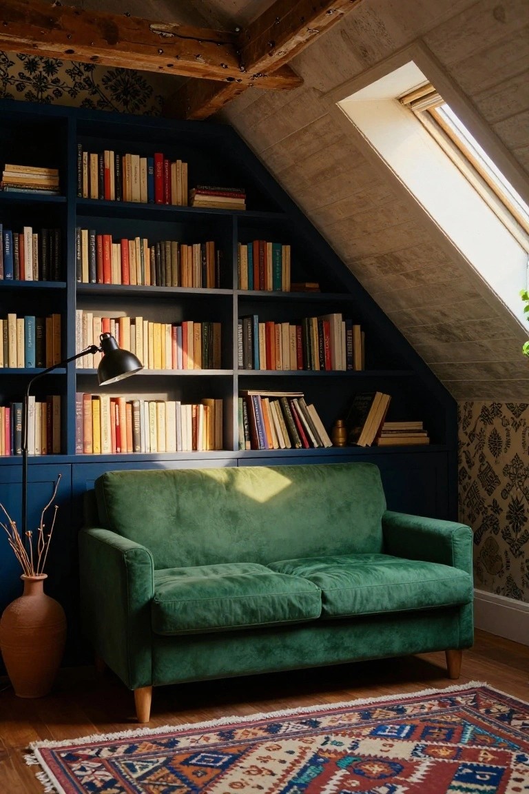 Green velvet two-seater sofa in front of tall navy built-in bookshelves under a sloped ceiling with skylight, exposed beams, and a terracotta vase nearby.