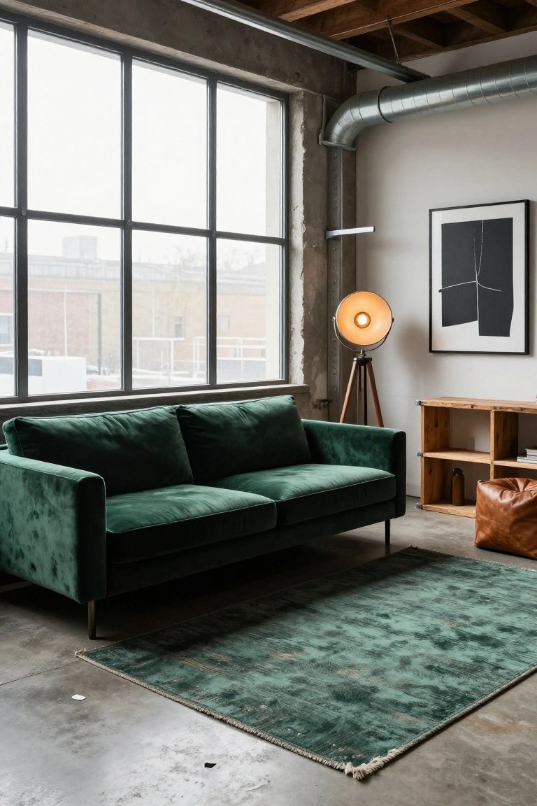 Industrial loft room with green velvet two-seater sofa on matching green rug, wooden open shelves, tripod floor lamp, abstract wall art, and large metal-framed windows showing exterior buildings.