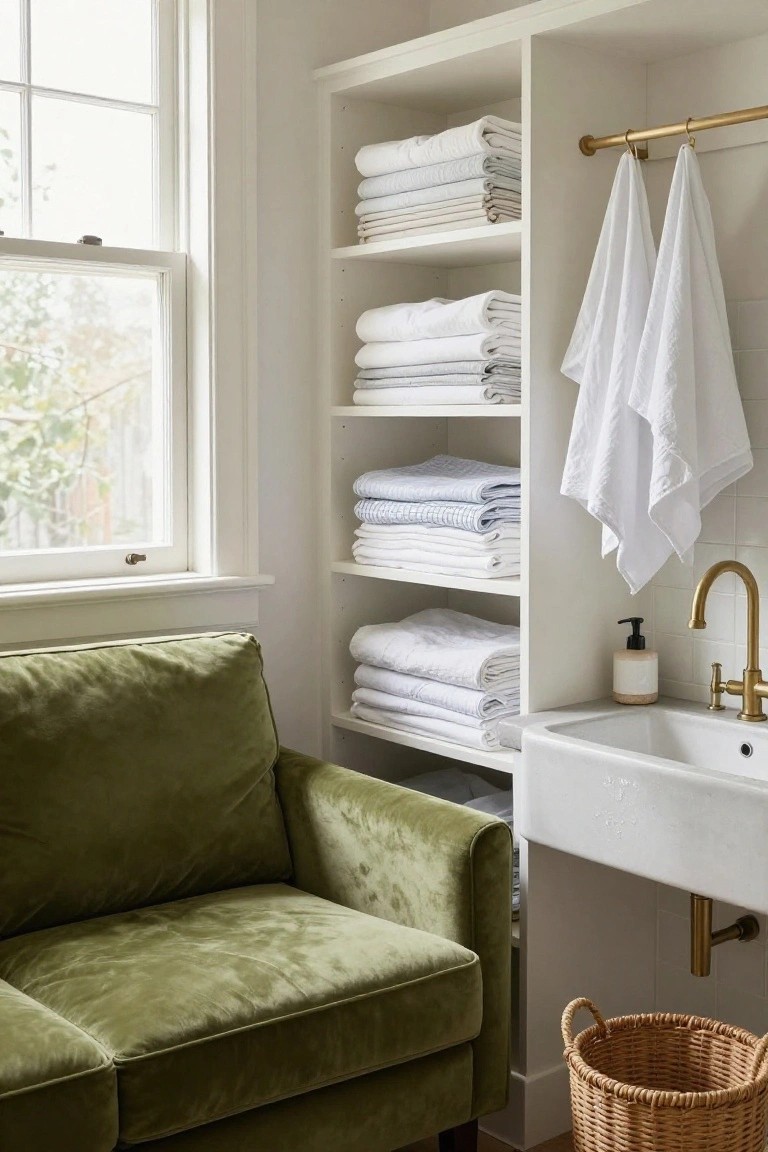 Green velvet sofa in a white laundry room with open shelves stacked with folded white linens and towels, brass hanging rod, white sink, and wicker basket on the floor.