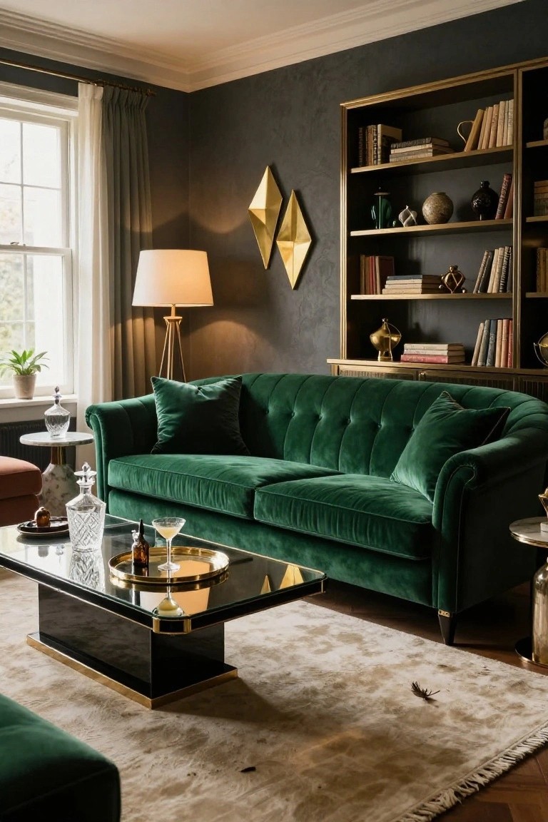 Dark gray living room with tufted green velvet sofa, black and brass glass coffee table, brass etagere bookshelves with books and ceramics, tripod floor lamp, and small side tables.
