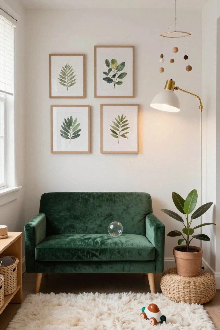 A green velvet two-seater sofa sits in a white-walled room with four framed botanical leaf prints above it, a potted plant to the side, wooden shelves, a floor lamp, and a white shag rug with a wooden toy car on the floor.