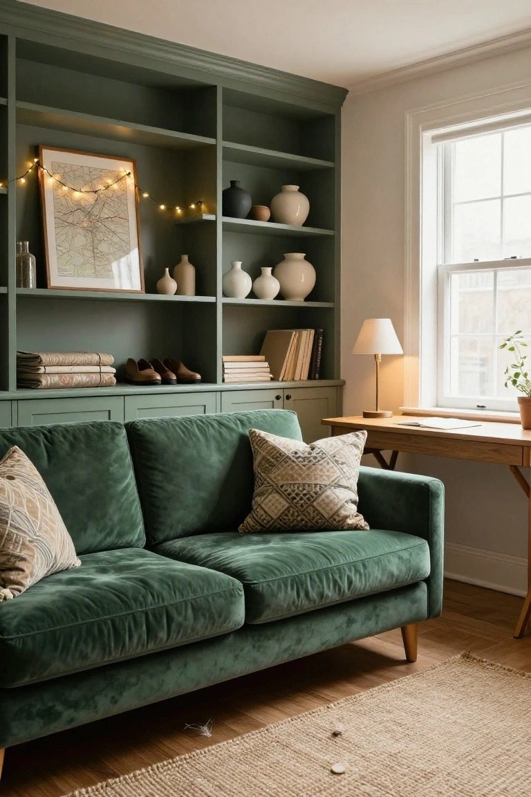 Green velvet sofa positioned in front of matching green built-in bookshelves and cabinets in a room with a wooden desk, lamp, and window.