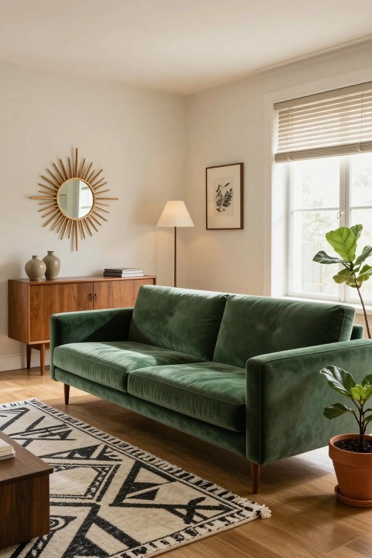 A green velvet three-seater sofa sits in front of a low wooden credenza in a bright living room with white walls, a sunburst mirror, potted plants, and a wood coffee table on a patterned rug.