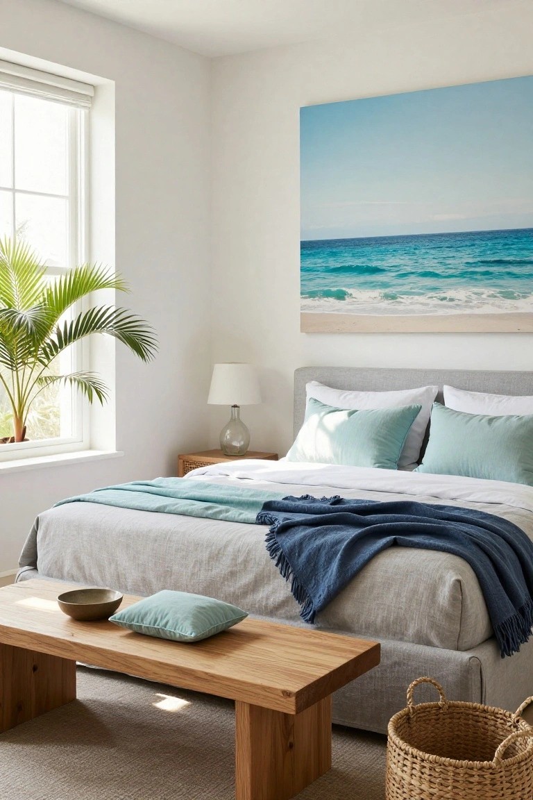 Light gray upholstered platform bed with white and turquoise pillows, aqua throw, navy blanket, wooden bench with pillow and bowl at foot, palm plant by window, glass lamp on wood nightstand, large ocean wall art, in white-walled bedroom with beige carpet.