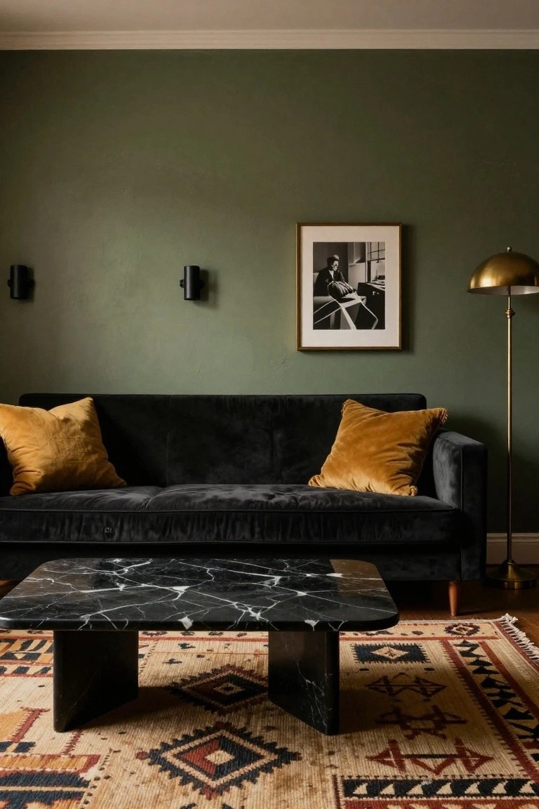Black velvet sofa with mustard yellow pillows on deep green walls in a living room, black marble coffee table on patterned rug, gold floor lamp, wall sconces, and framed black-and-white photo.