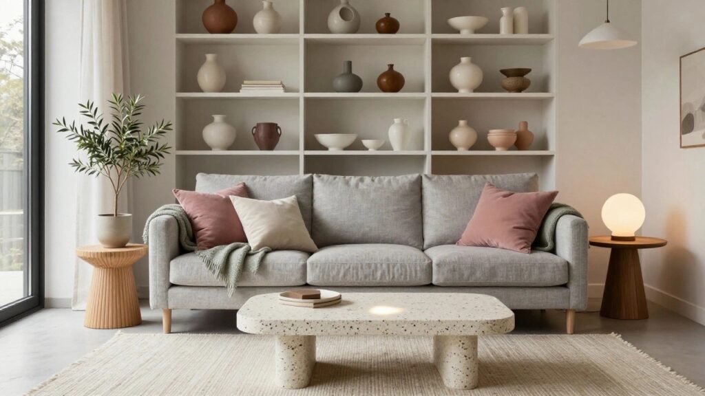 Light gray three-seat sofa with pink velvet pillows, green knit throw, and wooden bowl on white terrazzo coffee table with wood legs, in front of open wooden shelves filled with assorted white and beige ceramic pots, vases, and bowls, olive tree plant by window with sheer curtains, beige rug on wood floor.