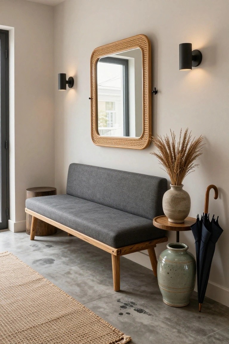 Entryway with low-profile grey upholstered bench on wooden legs, rattan-framed mirror on wall, black wall sconces, pampas grass in terracotta vase on wood side table with green ceramic pot and black umbrella, beige rug on polished concrete floor.