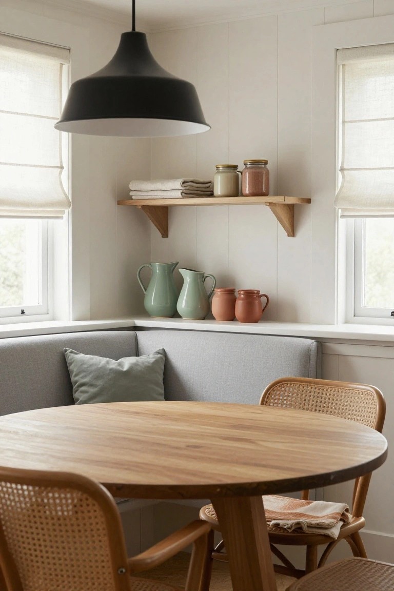 Corner grey fabric bench with green cushion, round wooden table, rattan chairs with cushions, wooden shelves holding towels pottery jars and jugs, white paneled walls, linen roman shades on three windows, black pendant light above.