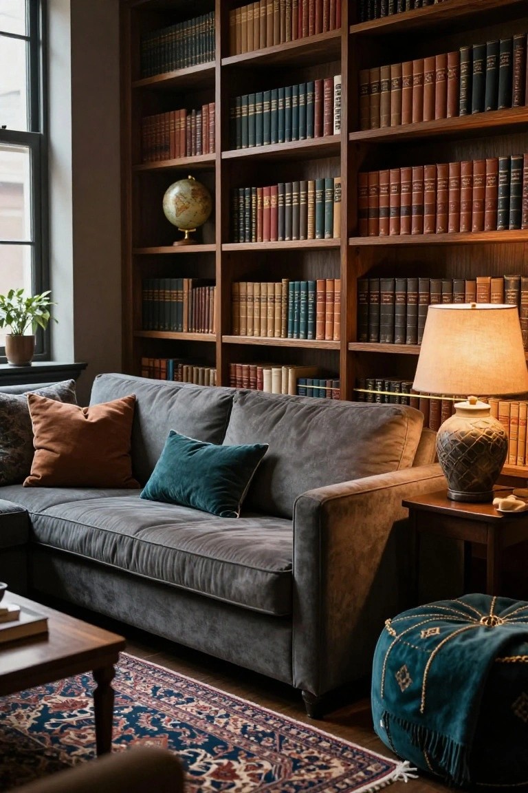 A grey velvet sofa with orange and green pillows in a library room lined with wooden bookshelves filled with books, a table lamp on a side table, a globe, potted plant, and patterned rug on wood floor.