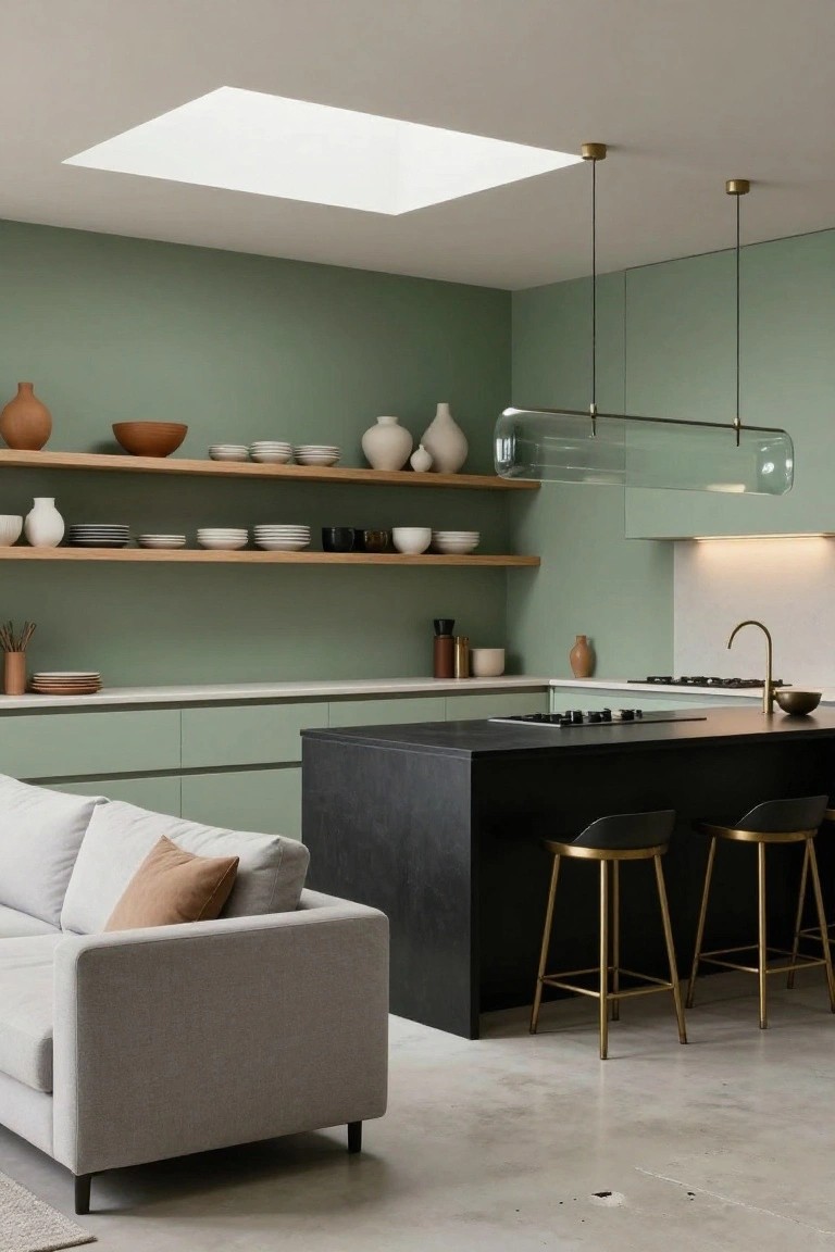 Open-plan kitchen with light sage green walls and cabinets, black island countertop with gold bar stools, light grey sofa adjacent to the island, wooden open shelves displaying ceramics and bowls, and a rectangular skylight overhead.