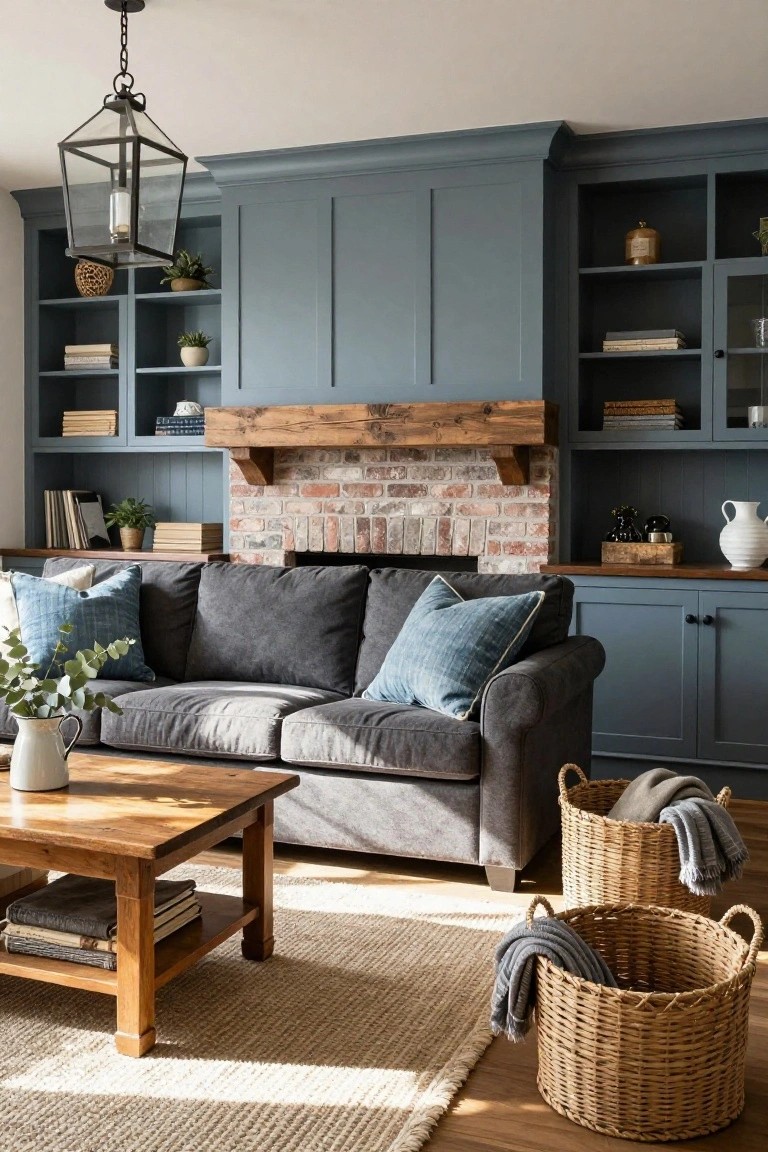 Living room with charcoal grey sofa facing brick fireplace surrounded by blue built-in shelving and cabinets, wood beam mantel, wood coffee table, seagrass rug, and wicker baskets.