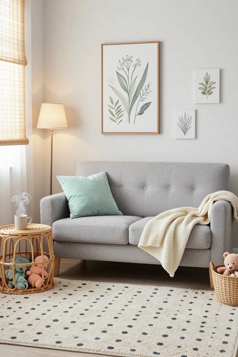 Light gray sofa with mint green pillow and white blanket in a bright room corner, featuring large botanical leaf print on wall, smaller plant artworks, rattan lamp and table with steaming mug, woven baskets holding stuffed toys, and polka dot rug on wood floor.