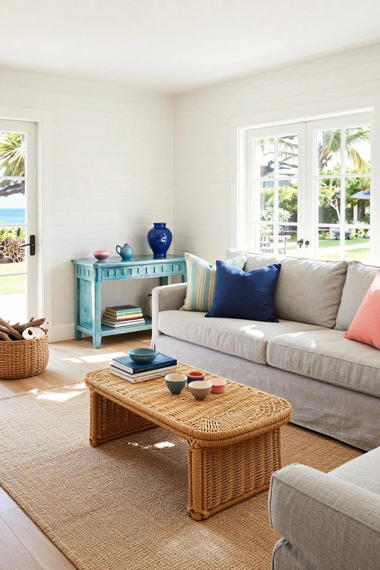 Light grey slipcovered sofa on seagrass rug in white-walled living room with turquoise side table holding blue vase and teapot, rattan coffee table with books and cups, wicker basket on floor, and large windows to palm trees ocean and lawn.