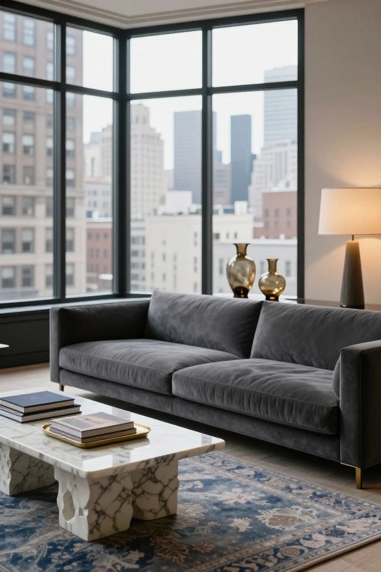 Corner living room with floor-to-ceiling windows overlooking city skyline, low-profile grey velvet sofa, white marble coffee table with organic carved legs on blue oriental rug, two amber glass vases, tall floor lamp, and low books on table.