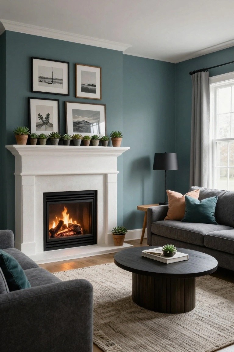 A living room with teal walls, grey sofa with teal and peach pillows, white fireplace mantel holding potted succulents and a burning fire, black round coffee table with a plant and book, wood side table with black lamp, and beige rug on wood floors.