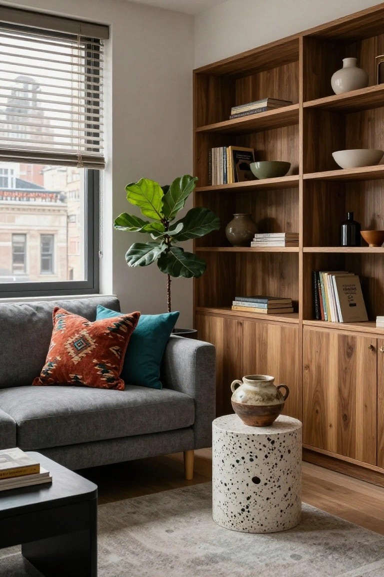 Light grey sofa with orange patterned and teal pillows against wooden bookshelves stocked with books, ceramics, and vases, beside a fiddle leaf fig plant, speckled stool, black coffee table, and window with blinds.