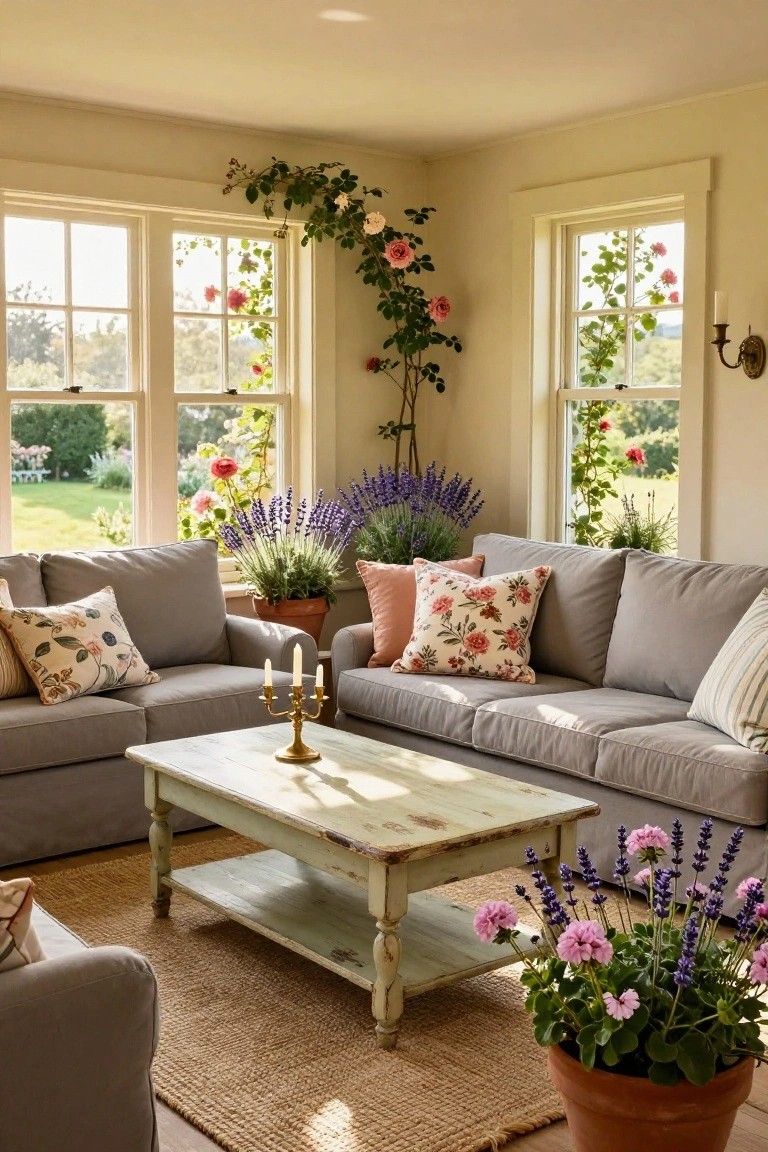 Sunlit corner living room with two grey fabric sofas arranged around a distressed green coffee table, surrounded by potted lavender plants, climbing rose vines on windows overlooking a garden, and cushions in pastel floral patterns.