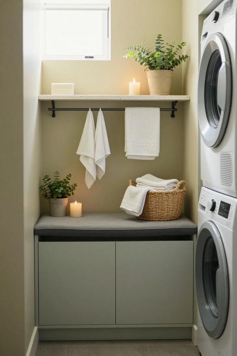 Compact indoor laundry room with stacked white washer and dryer on the right, grey cushioned bench with storage cabinets below on the left, hanging white towels, potted plants, candles, soap bar on shelves, and white towels in a wicker basket on the bench.