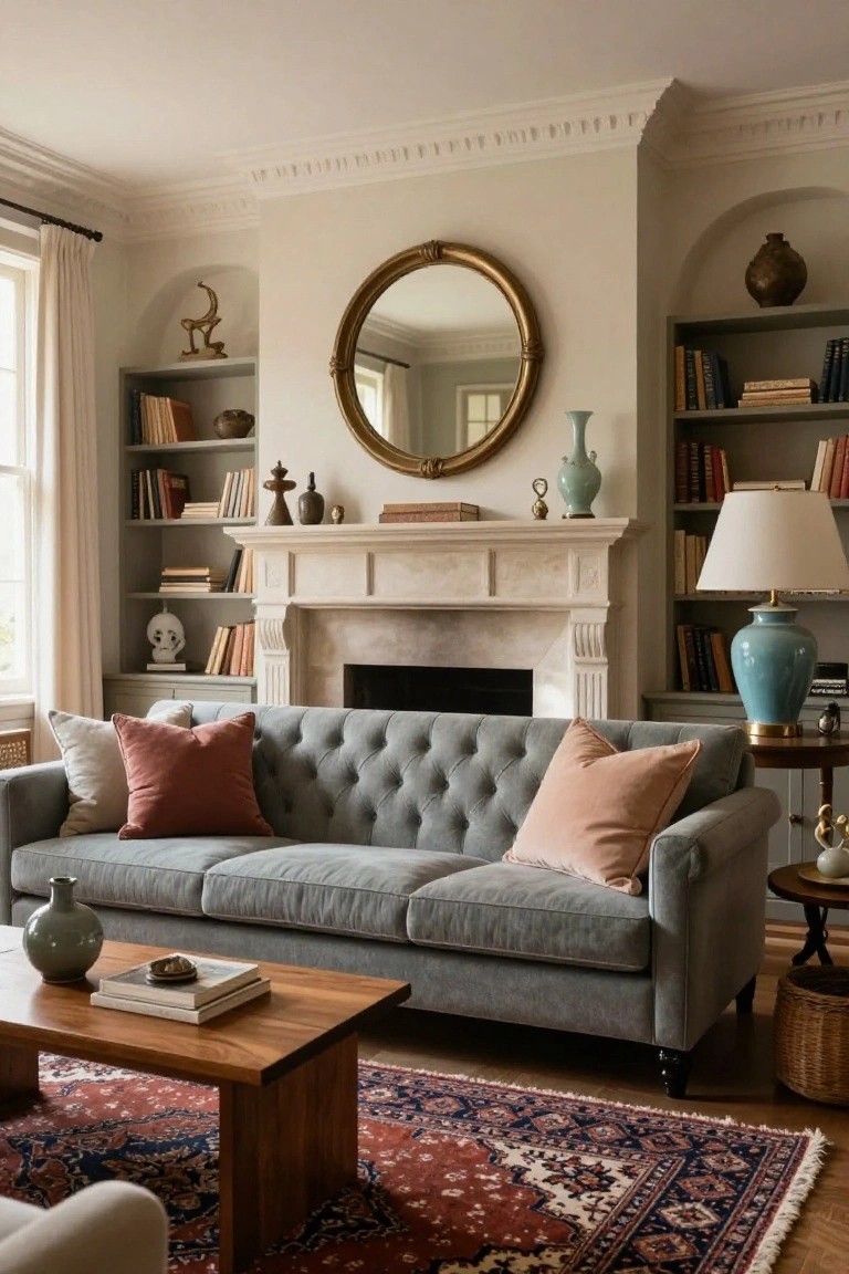 Light grey tufted sofa with blush pink and cream pillows in a living room with beige stone fireplace, bookshelves holding books and ceramics, gold-framed round mirror above mantel, wooden coffee table on red and blue Persian rug.