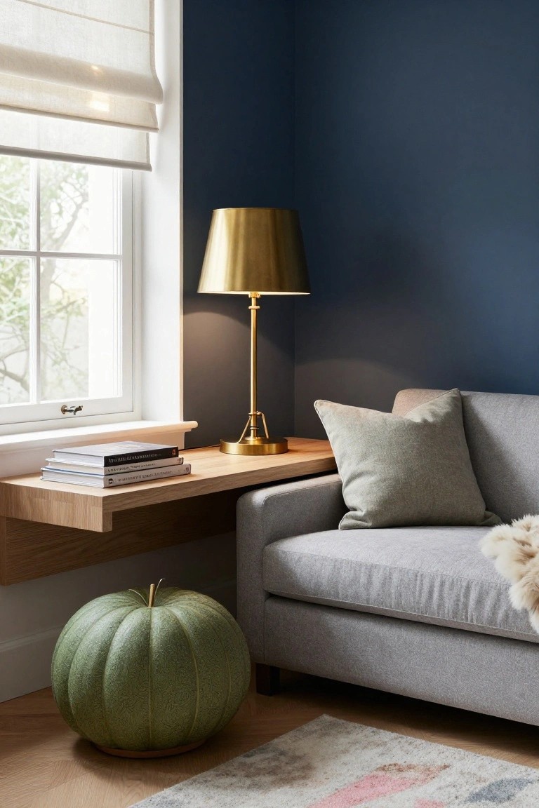 Corner of a living room with a light grey sofa next to a wooden floating shelf holding books and a gold table lamp, against a dark navy wall, green pumpkin-shaped ottoman on the floor, sheer window blinds, and a multicolored rug.