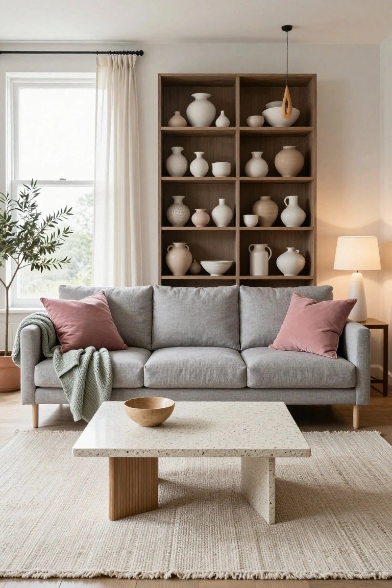Light gray three-seat sofa with pink velvet pillows, green knit throw, and wooden bowl on white terrazzo coffee table with wood legs, in front of open wooden shelves filled with assorted white and beige ceramic pots, vases, and bowls, olive tree plant by window with sheer curtains, beige rug on wood floor.